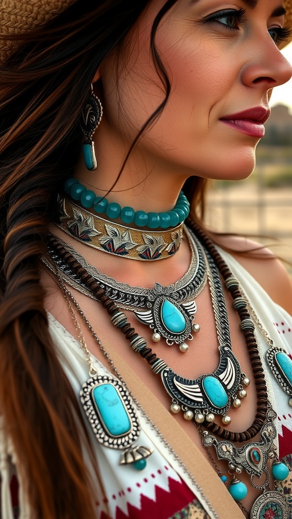 A close-up of a woman wearing layered turquoise and silver jewelry, showcasing statement accessories for a western style.