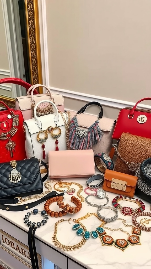 A collection of stylish handbags and accessories including jewelry on a table.