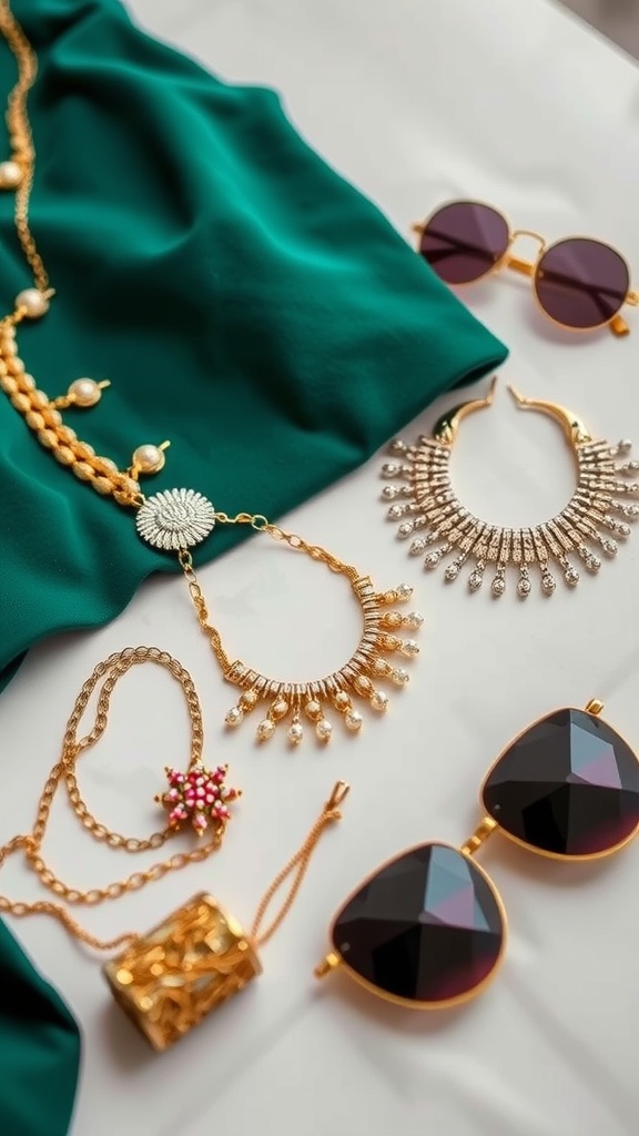 A variety of accessories including necklaces, earrings, and sunglasses arranged on a green fabric