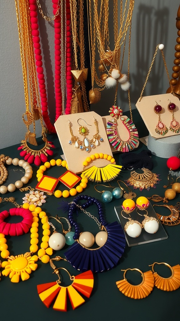 A colorful assortment of statement jewelry including necklaces and earrings, showcasing different styles and vibrant colors.