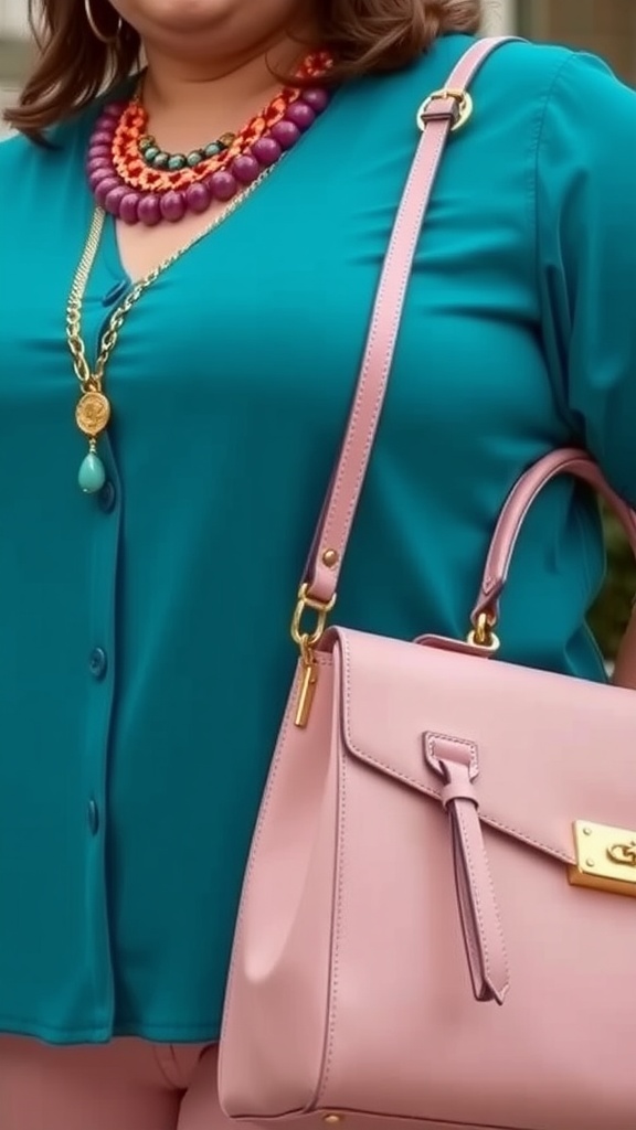 Stylish plus-size woman wearing a teal blouse with colorful layered necklaces and holding a pink handbag.