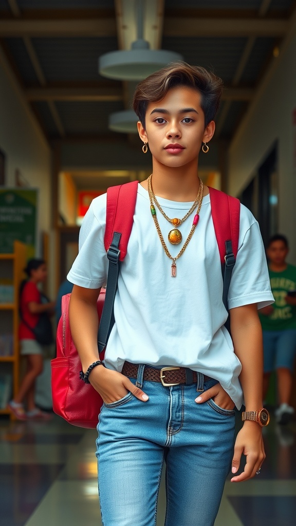 A person wearing a white shirt, blue jeans, and layered necklaces, with a red backpack, standing in a school hallway.
