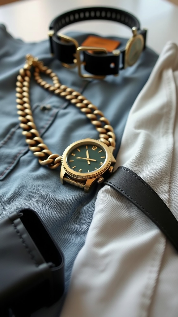 A collection of statement accessories including a gold chain necklace, a green-faced watch, and a black belt, arranged on a light blue shirt and white fabric.