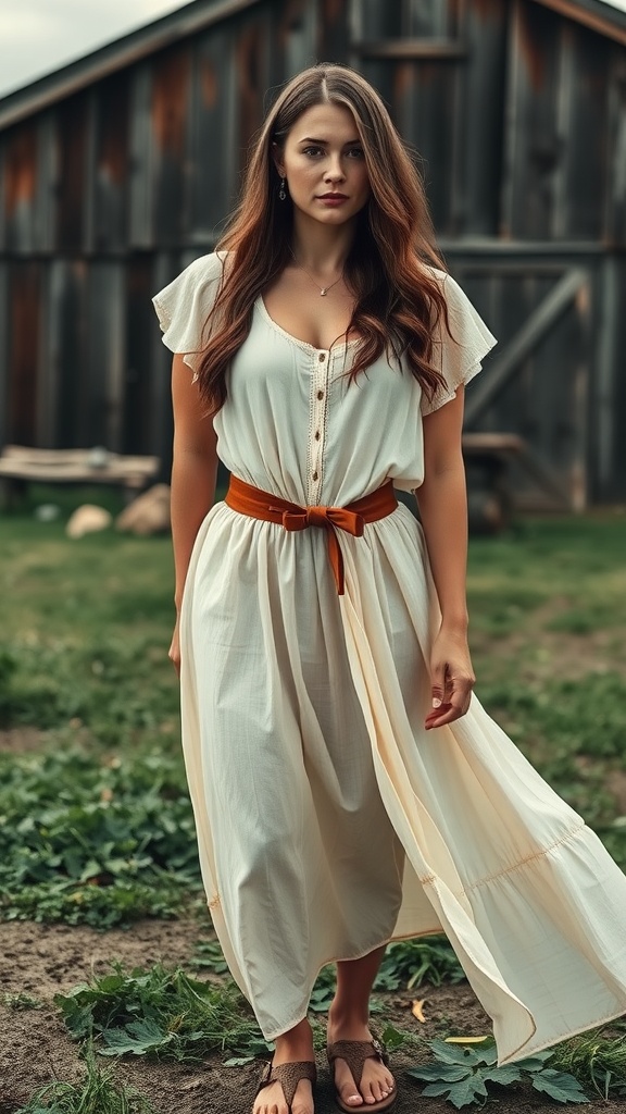 A woman in a flowing cream dress with an orange belt standing in front of a rustic barn.