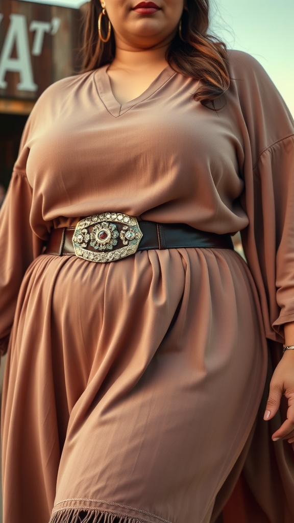 A close-up of a woman wearing a stylish outfit with a statement belt that emphasizes her curves.