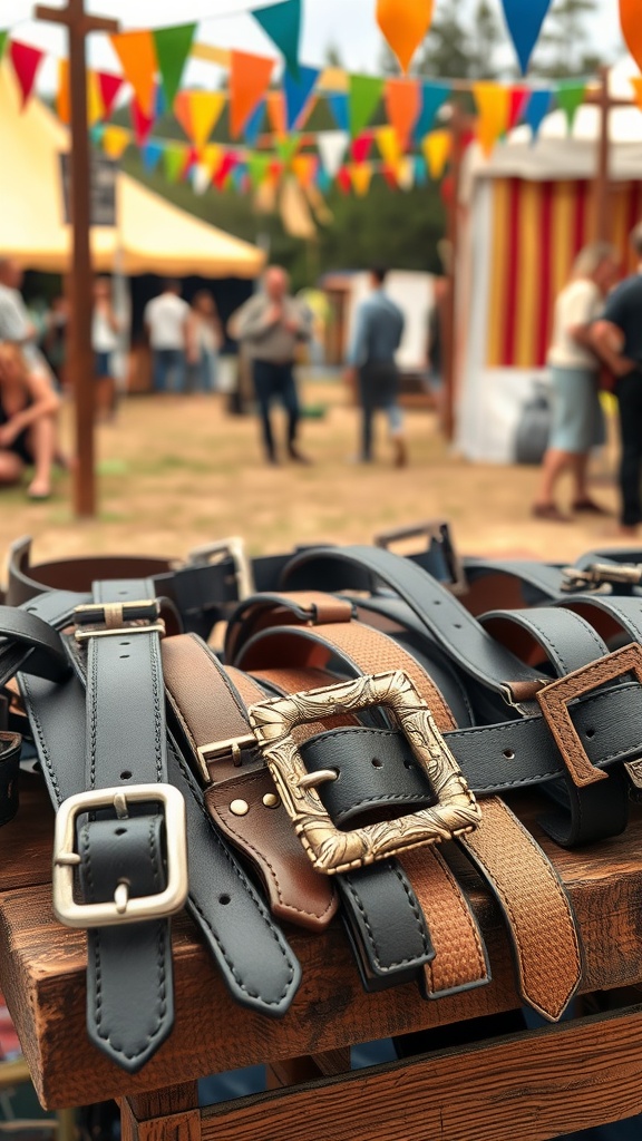 A variety of belts with bold buckles displayed on a wooden table, with colorful festival decorations in the background.