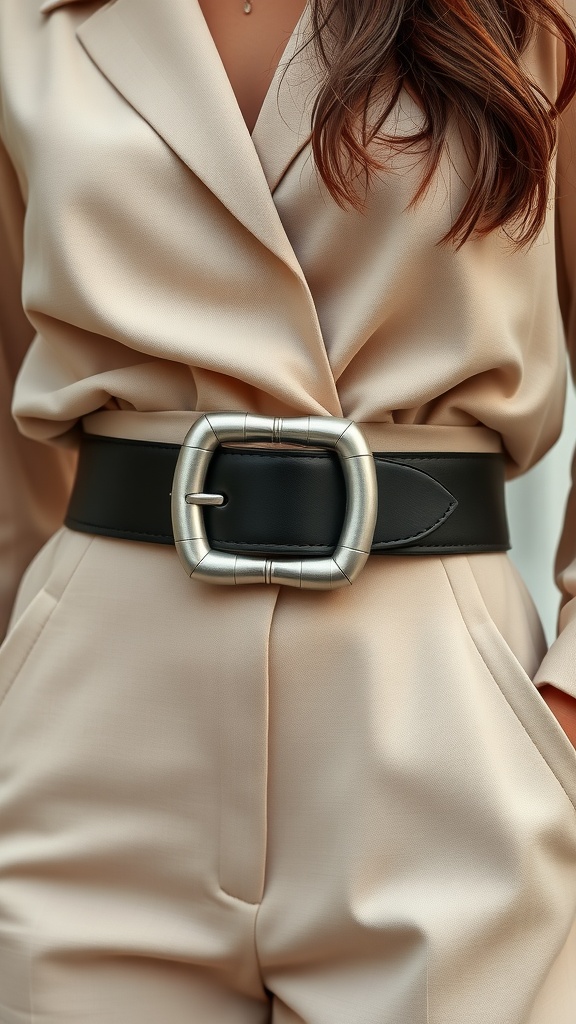 A close-up of a woman wearing a stylish black belt with a bold silver buckle over a beige outfit.