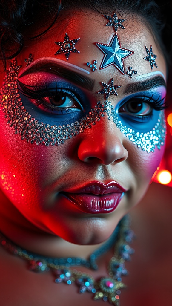 Close-up of a person with vibrant face makeup featuring stars and glitter, showcasing a playful and bold look.