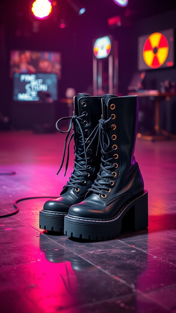 A pair of black combat boots with a chunky platform, set against a colorful, dimly lit background.
