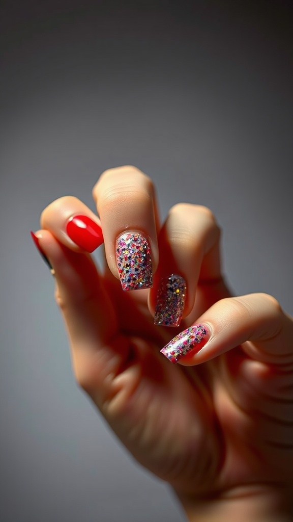 Hand with red nails and a glitter accent nail.