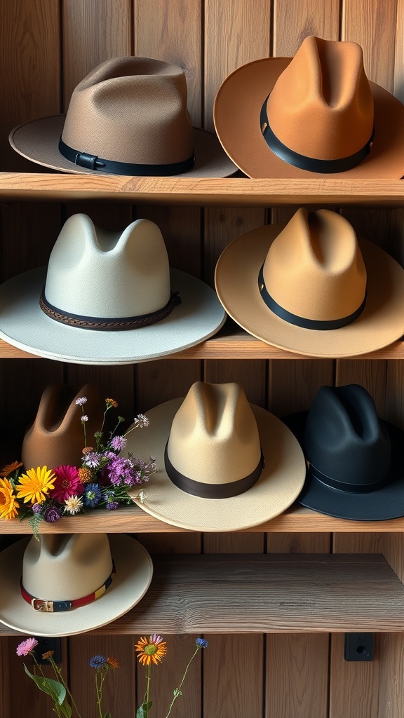 A collection of various hats including Stetsons and fedoras displayed on a wooden shelf, adorned with colorful flowers.