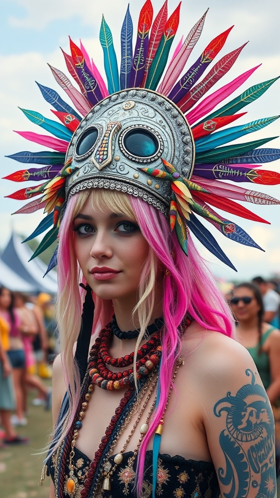 A person at EDC wearing a colorful feathered headpiece and having pink hair.