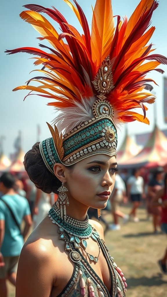 A woman wearing a vibrant feather headpiece with colors of orange and red at a festival