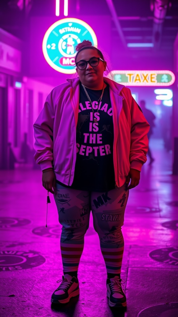 A person wearing a pink jacket over a graphic tee, paired with printed leggings and sneakers, stands in a neon-lit setting.