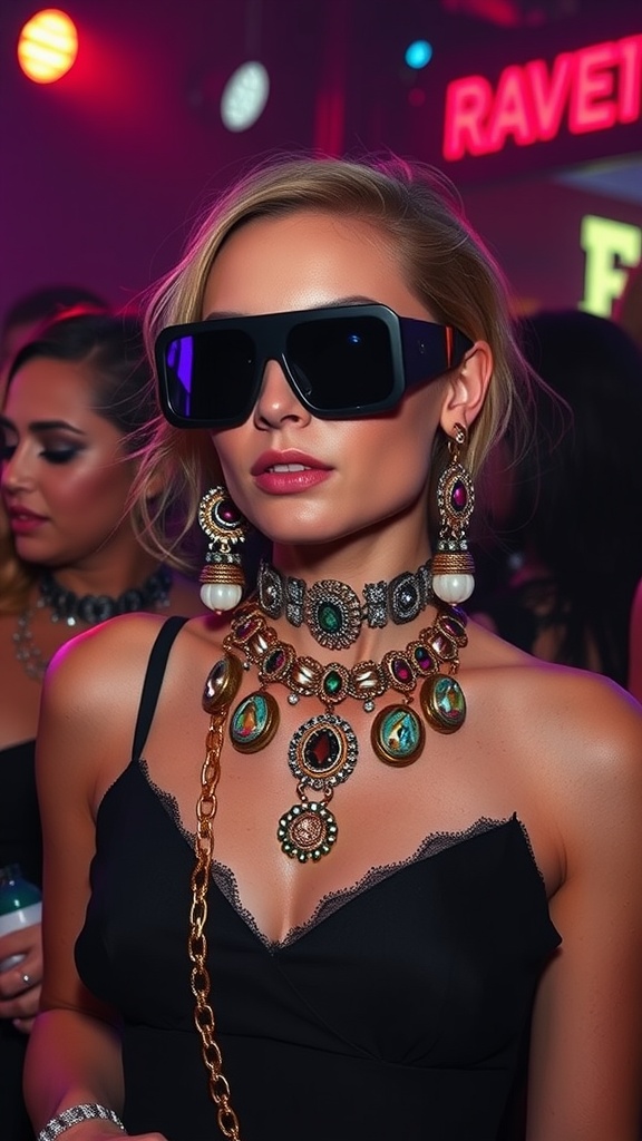 A stylish individual at a rave wearing statement jewelry including oversized earrings and a layered necklace, complemented by bold sunglasses.