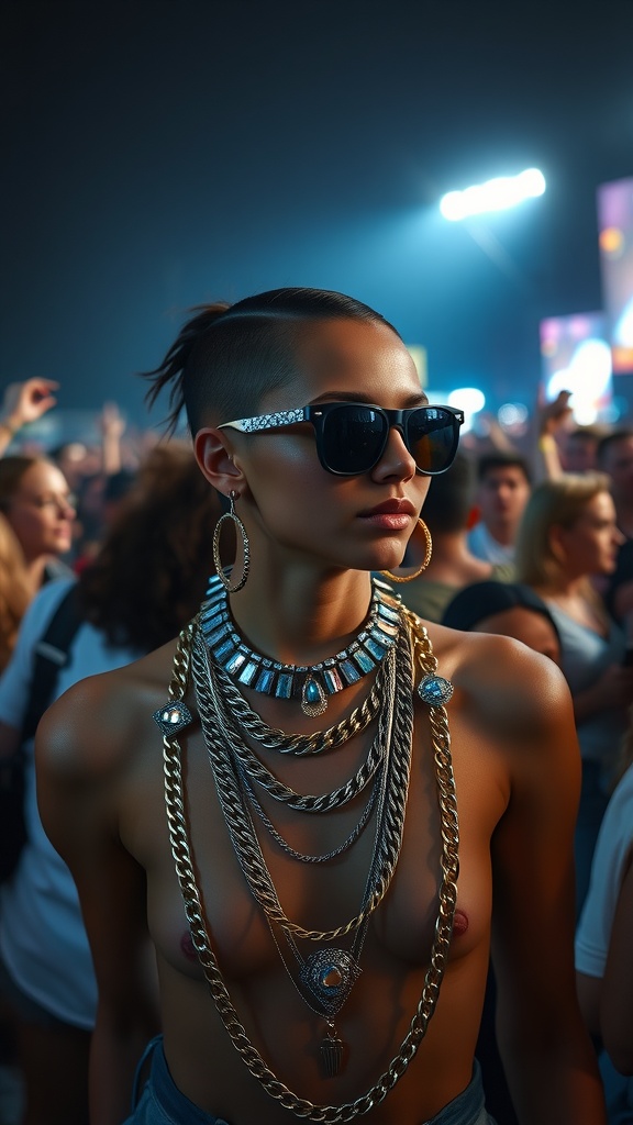 A person at a rave wearing layered chains and statement jewelry, exuding confidence.