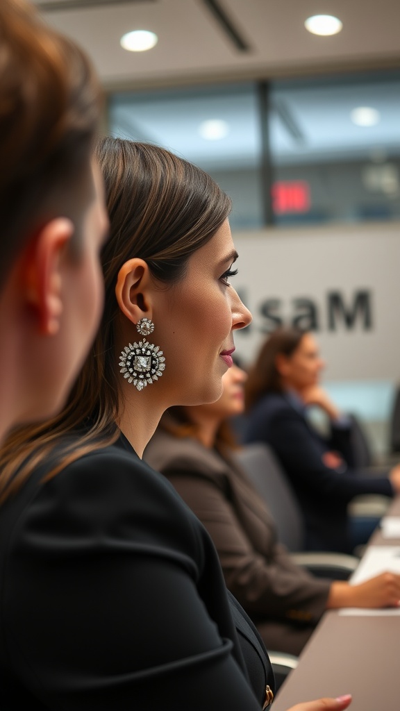 A woman wearing elegant statement earrings in a business setting, adding style to her professional outfit.