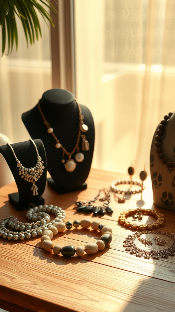 A collection of statement jewelry displayed, including necklaces, bracelets, and earrings, on a wooden surface.