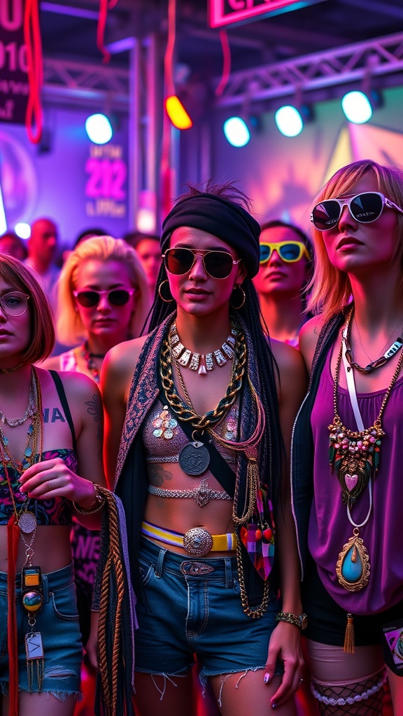 A group of four fashionable individuals at a rave, showcasing statement jewelry including layered necklaces, sunglasses, and colorful attire.