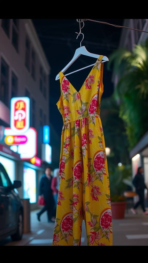 A vibrant yellow floral jumpsuit hanging on a hanger against a city backdrop at night.