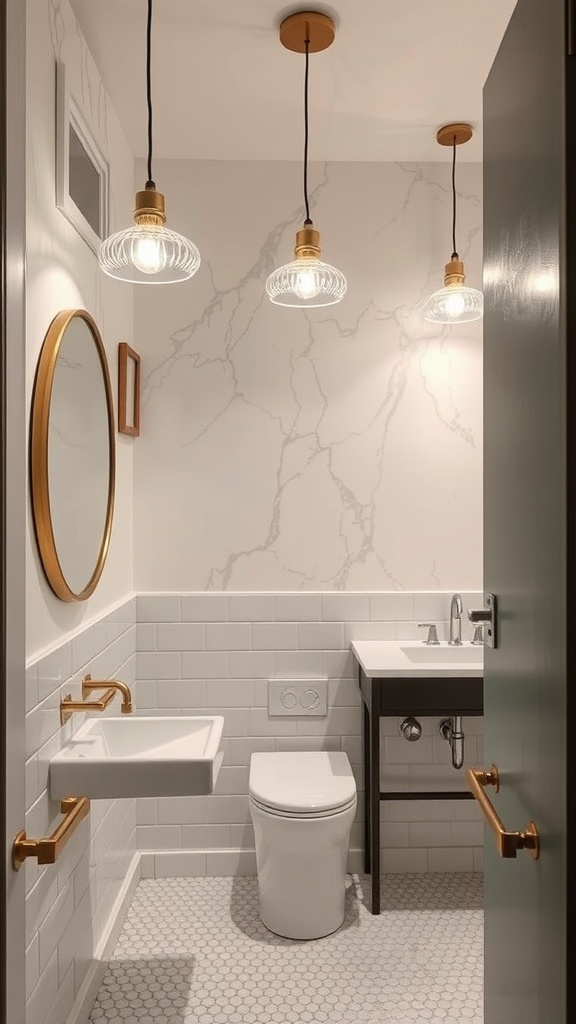 A stylish guest bathroom featuring three hanging pendant lights, a round mirror, and modern fixtures.
