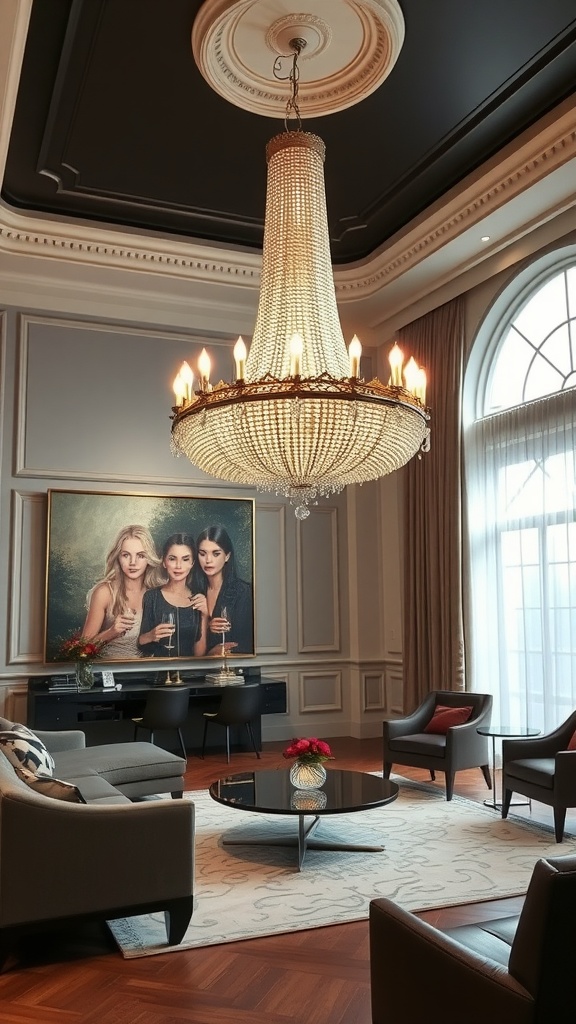 A luxury living room featuring a stunning chandelier, modern furniture, and elegant decor.