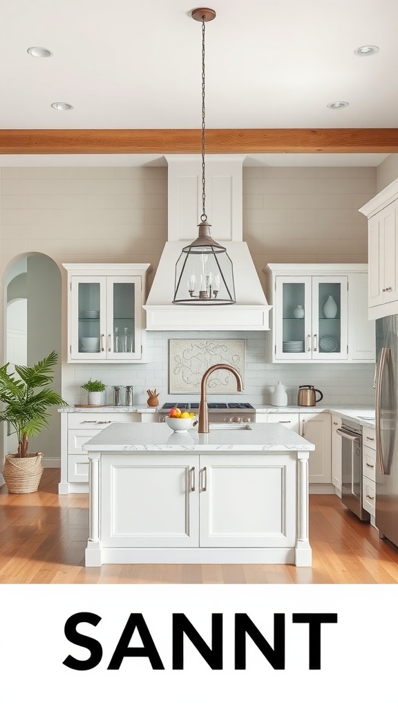 A modern farmhouse kitchen featuring a stylish pendant light over the island.