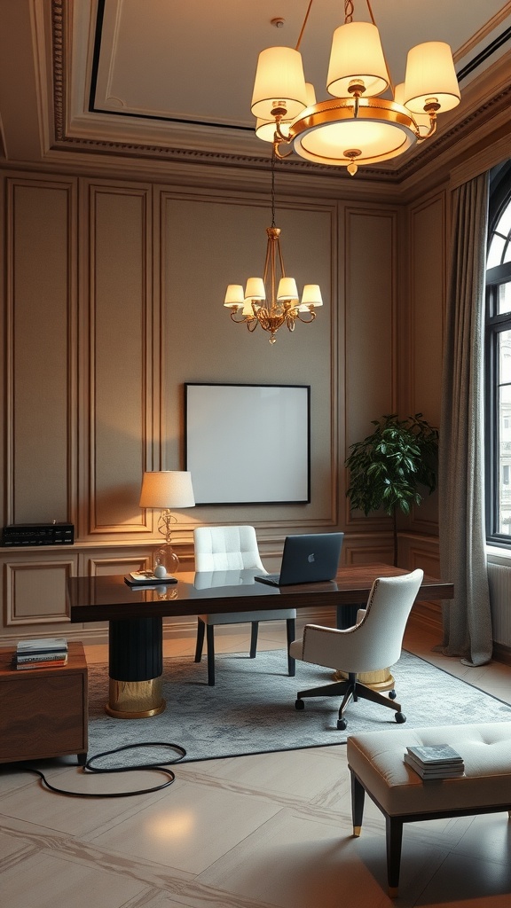 Elegant modern home office with statement lighting fixtures, including a chandelier and a stylish table lamp.