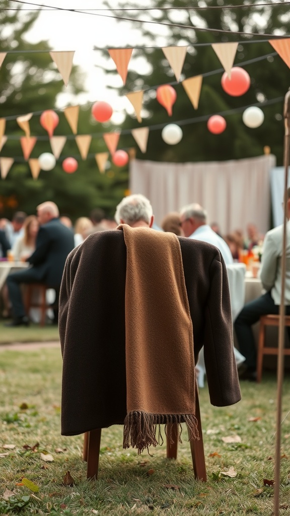 A stylish coat draped over a chair at a festive outdoor birthday celebration, surrounded by colorful decorations.