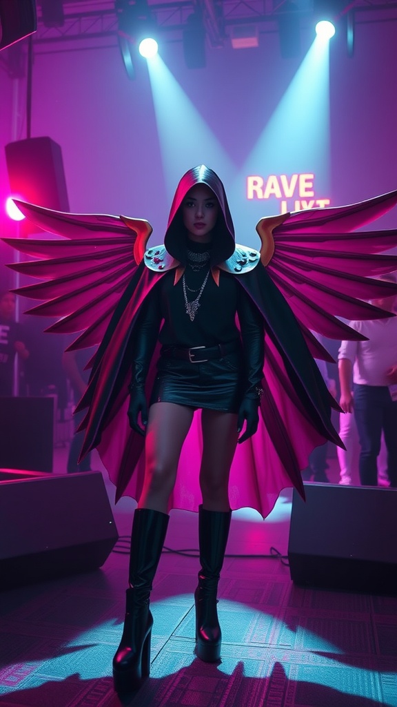 A person wearing a dramatic black outfit with vibrant wings, standing confidently at a rave.