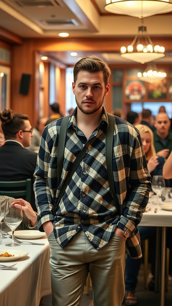 A man in a plaid shirt and neutral trousers standing in a dining setting.