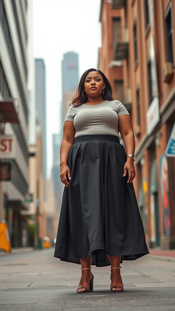 A woman wearing a grey top and a long black skirt, standing confidently in an urban setting.