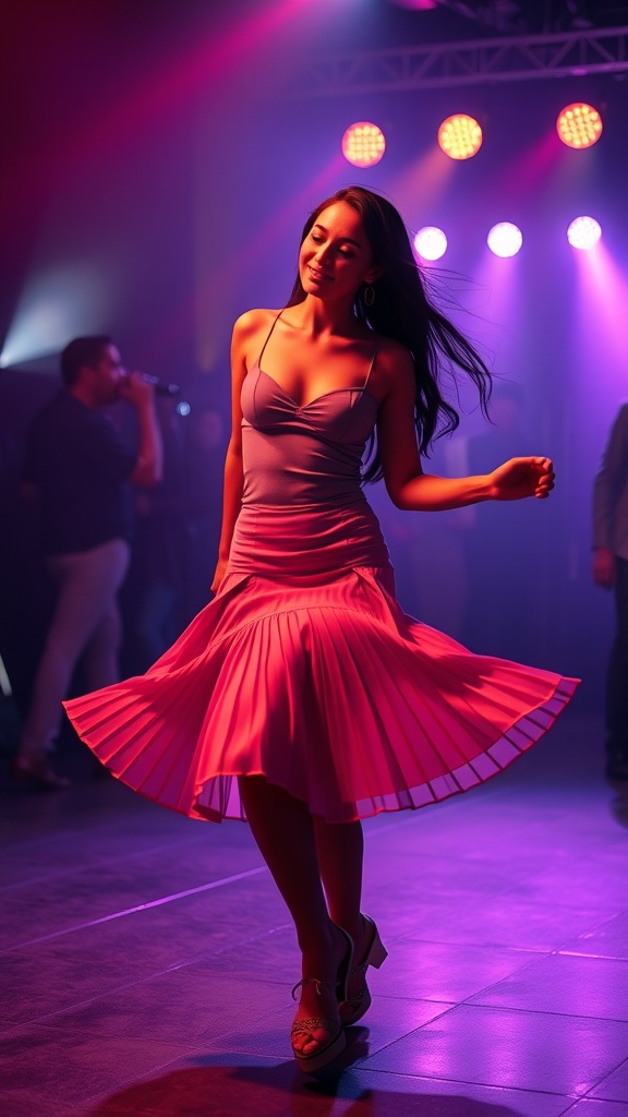 A woman dancing in a pink pleated skirt and fitted top at a club with vibrant lighting.