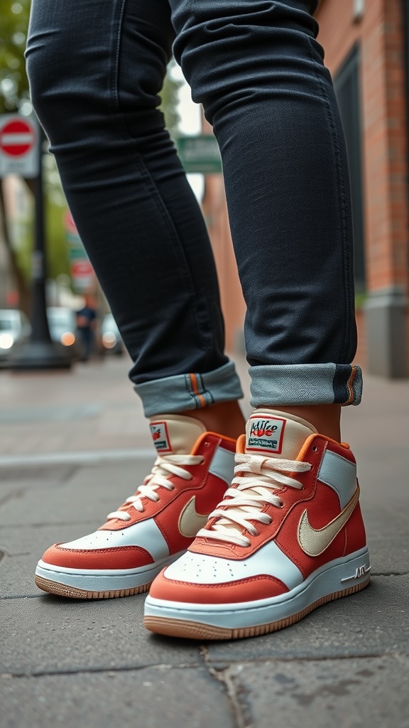 A close-up of stylish red and light blue high-top sneakers worn with dark fitted jeans