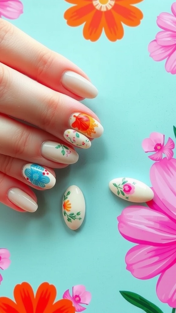 Close-up of white almond nails with colorful floral designs on a bright background.