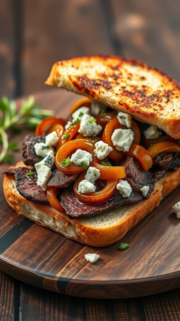 A delicious steak sandwich with blue cheese and sautéed peppers.