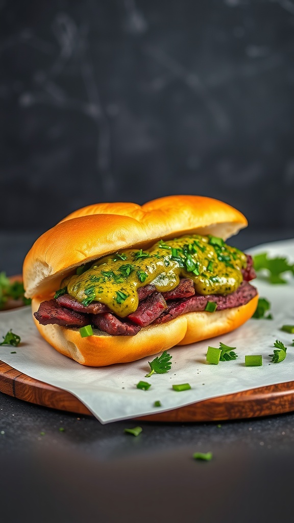 A delicious steak sandwich with chimichurri sauce on a bun, garnished with fresh herbs.