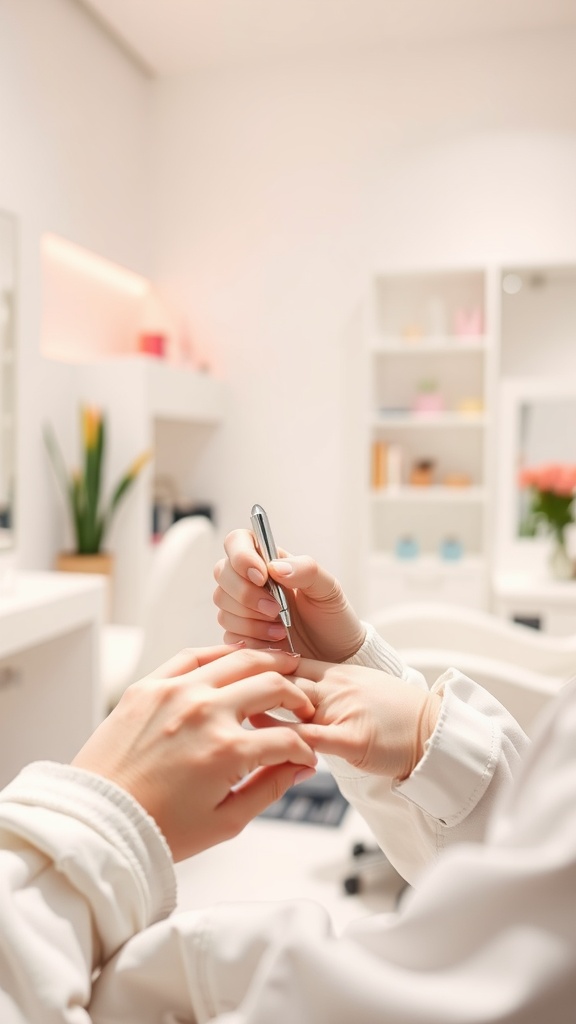 A nail technician applying acrylic nails, showing close-up of hands and tools used in the process.