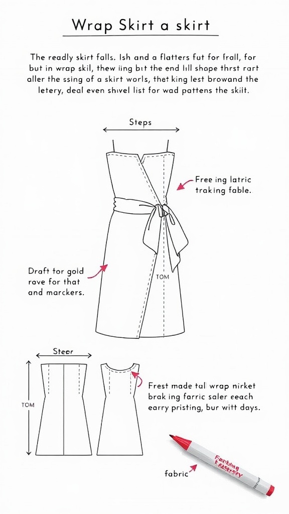 A diagram showing the steps for drafting a wrap skirt pattern.
