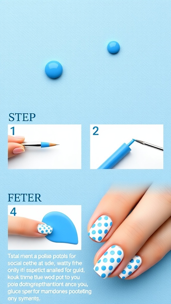 Step-by-step guide showing blue polka dot nails with a light blue base and darker blue dots.