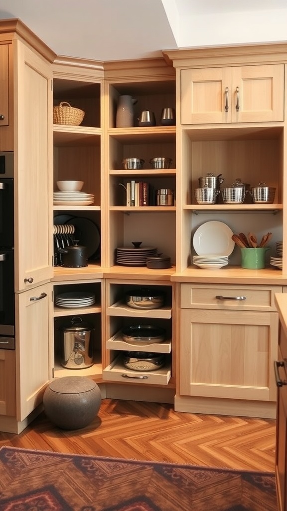 A corner kitchen cabinet with various kitchenware neatly organized, showcasing an innovative storage design.
