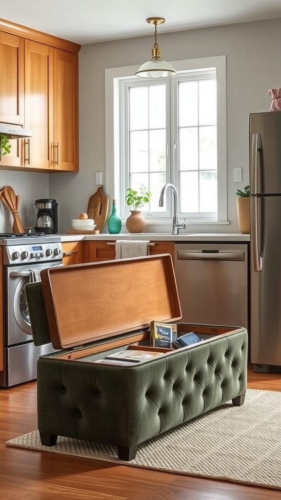 A cozy kitchen featuring a green tufted storage ottoman with an open lid, revealing books inside.