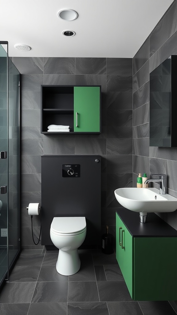 A modern green and black bathroom featuring sleek storage solutions.
