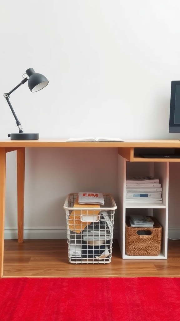 A tidy home office setup with a wooden desk, a wire basket for storage, and a small shelf unit.