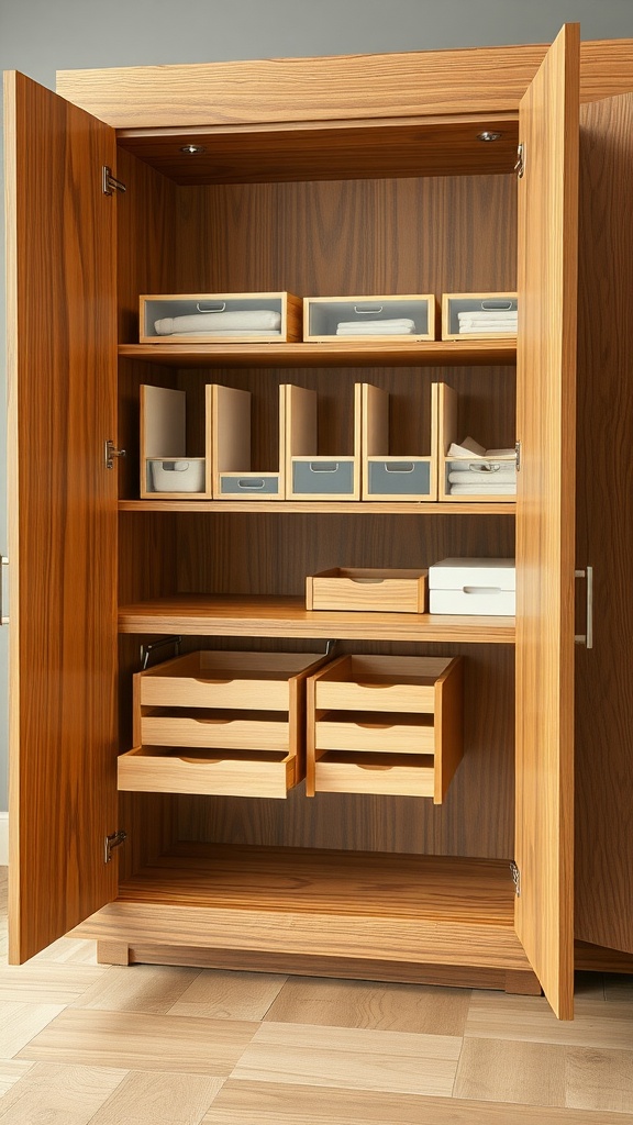 Organized wood kitchen cabinet with shelves and drawers