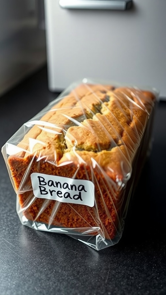 A loaf of banana bread wrapped in plastic for storage.