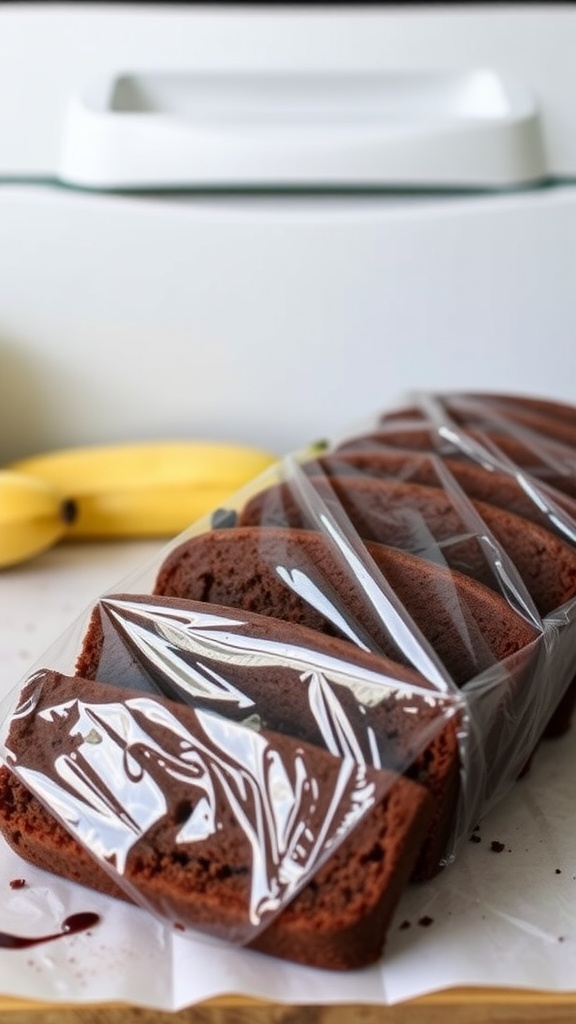 Chocolate banana bread wrapped in plastic, next to ripe bananas