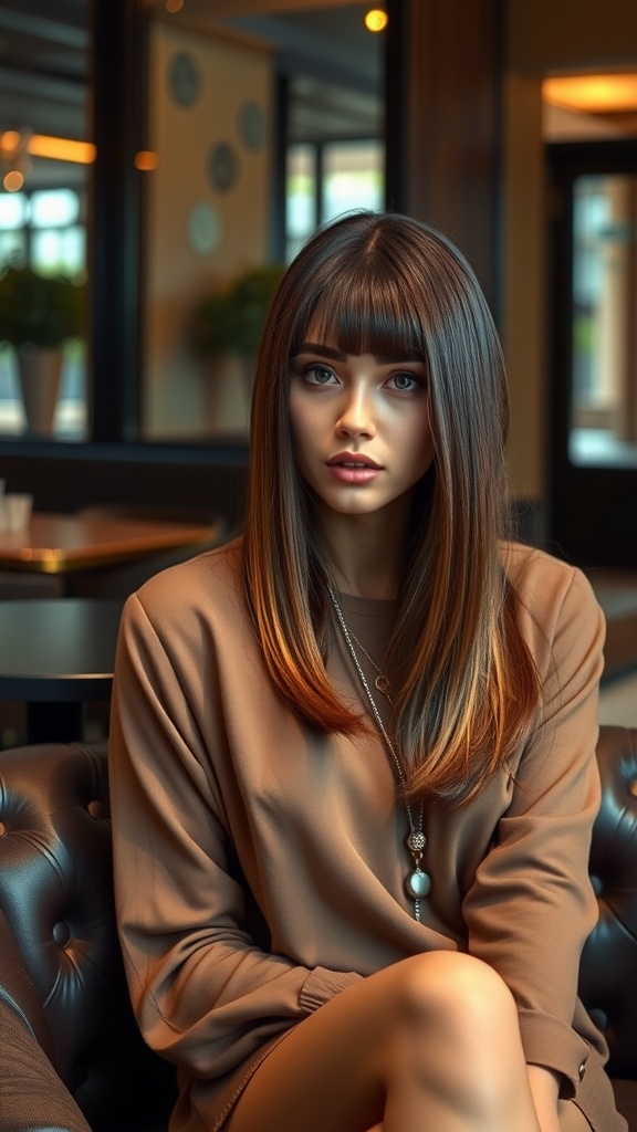 A woman with straight, shiny hair styled in a middle part, sitting in a cozy cafe.