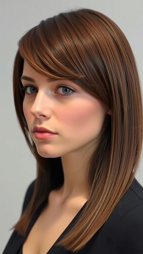 A woman with straight, sleek hair styled in a side part, showcasing a modern short hairstyle.