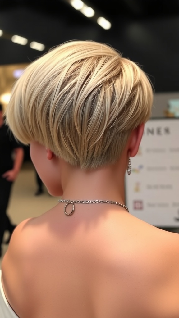 A stylish short straight back pixie haircut with blonde layers.